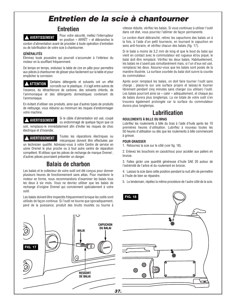 Entretien de la scie à chantourner, Entretien, Balais de charbon | Lubrification | Dremel 1680 User Manual | Page 37 / 64