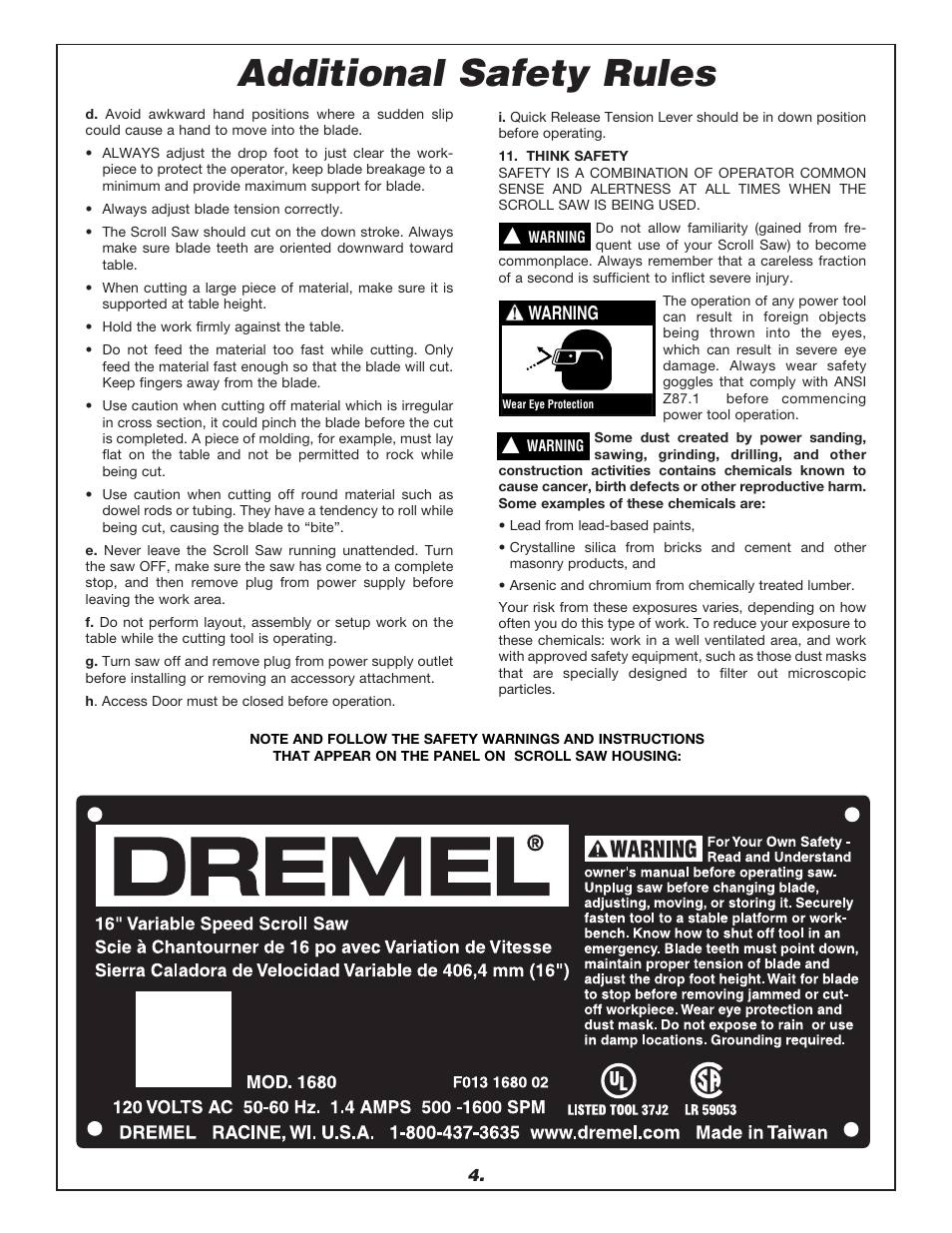 Additional safety rules, Warning | Dremel 1680 User Manual | Page 4 / 64