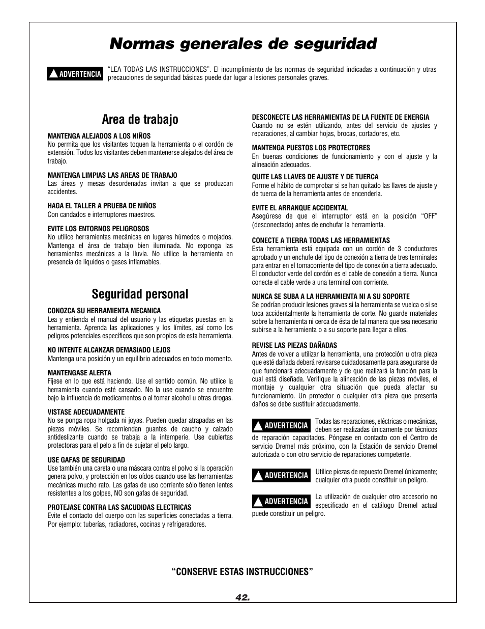 Normas generales de seguridad, Area de trabajo, Seguridad personal | Dremel 1680 User Manual | Page 42 / 64