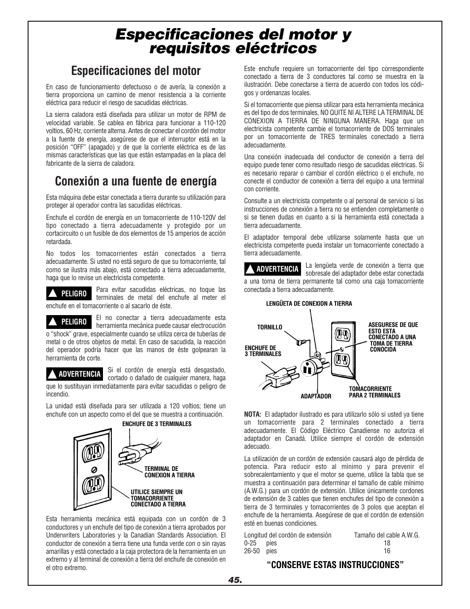 Especificaciones del motor y requisitos eléctricos, Especificaciones del motor, Conexión a una fuente de energía | Dremel 1680 User Manual | Page 45 / 64