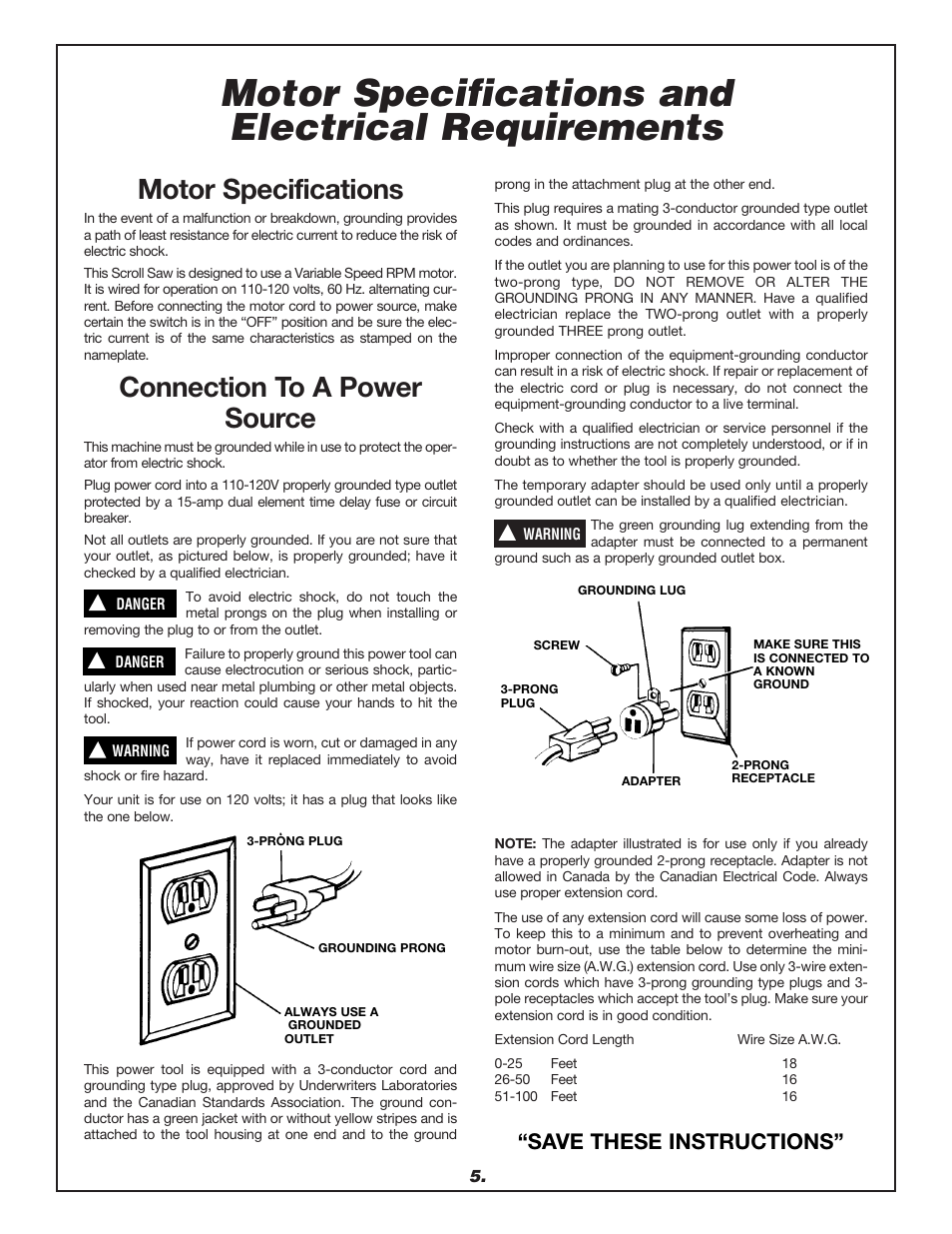 Motor specifications and electrical requirements, Motor specifications, Connection to a power source | Save these instructions | Dremel 1680 User Manual | Page 5 / 64