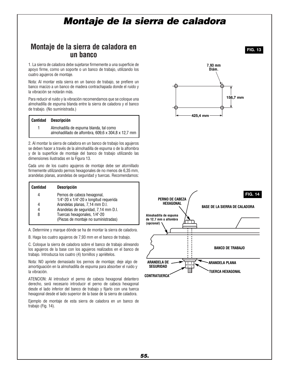 Montaje de la sierra de caladora, Montaje de la sierra de caladora en un banco | Dremel 1680 User Manual | Page 55 / 64