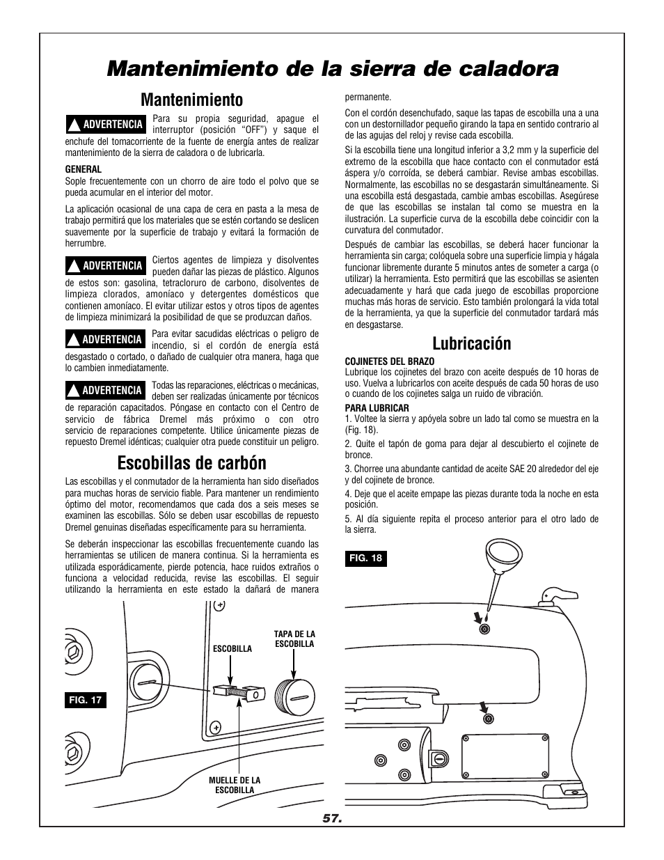 Mantenimiento de la sierra de caladora, Escobillas de carbón, Mantenimiento | Lubricación | Dremel 1680 User Manual | Page 57 / 64