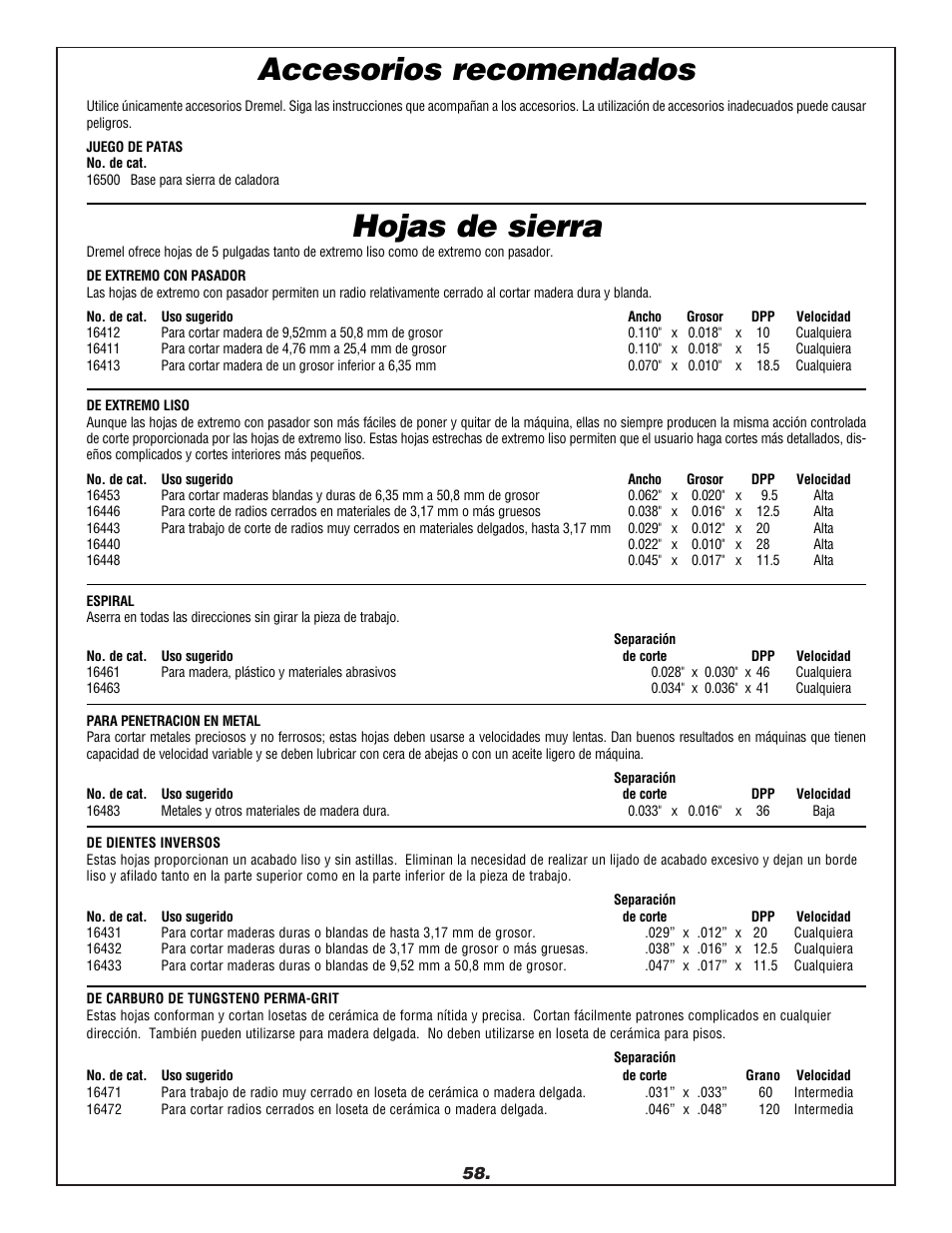 Hojas de sierra, Accesorios recomendados | Dremel 1680 User Manual | Page 58 / 64