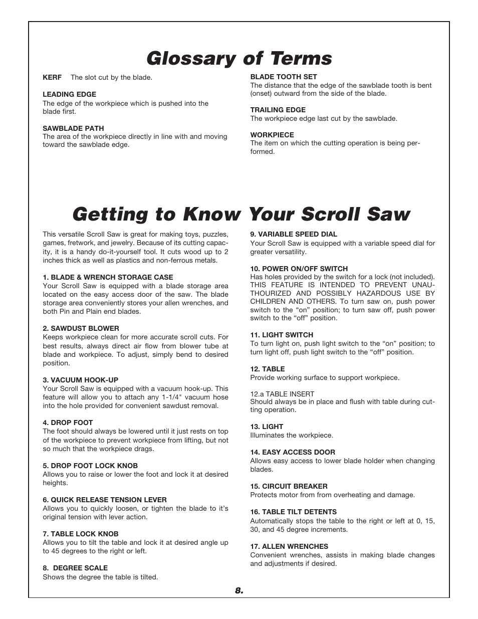 Getting to know your scroll saw glossary of terms | Dremel 1680 User Manual | Page 8 / 64