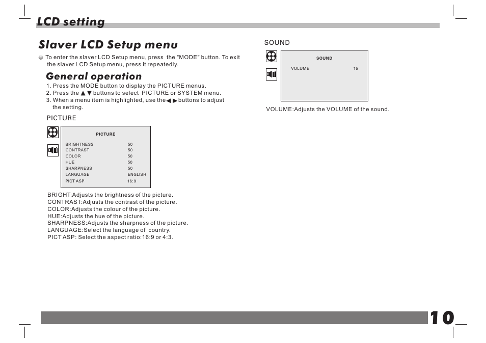 页 11, Lcd setting, Slaver lcd setup menu | General operation | Curtis SDVD9104 User Manual | Page 11 / 12