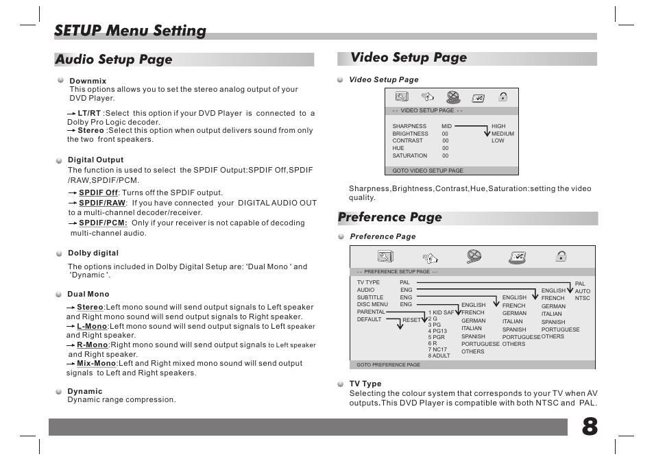 Setup menu setting, Video setup page, Audio setup page | Preference page | Curtis SDVD9104 User Manual | Page 9 / 12