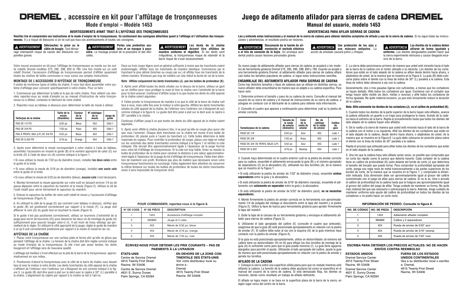 Accessoire en kit pour l’affûtage de tronçonneuses, Mode d’emploi – modèle 1453, Manual del usuario, modelo 1453 | Dremel 1453 User Manual | Page 2 / 2