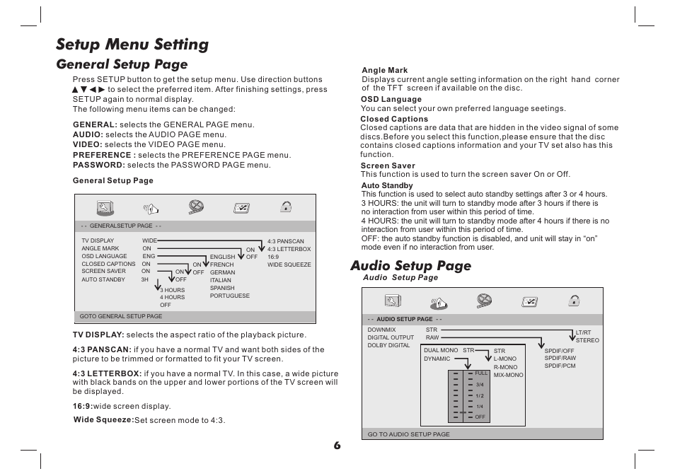 Setup menu setting, Audio setup page, General setup page | Curtis SDVD9957-B User Manual | Page 7 / 20