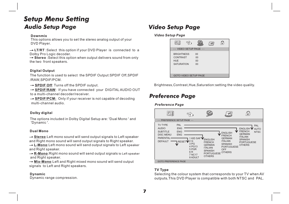 Setup menu setting, Video setup page, Audio setup page | Preference page | Curtis SDVD9957-B User Manual | Page 8 / 20