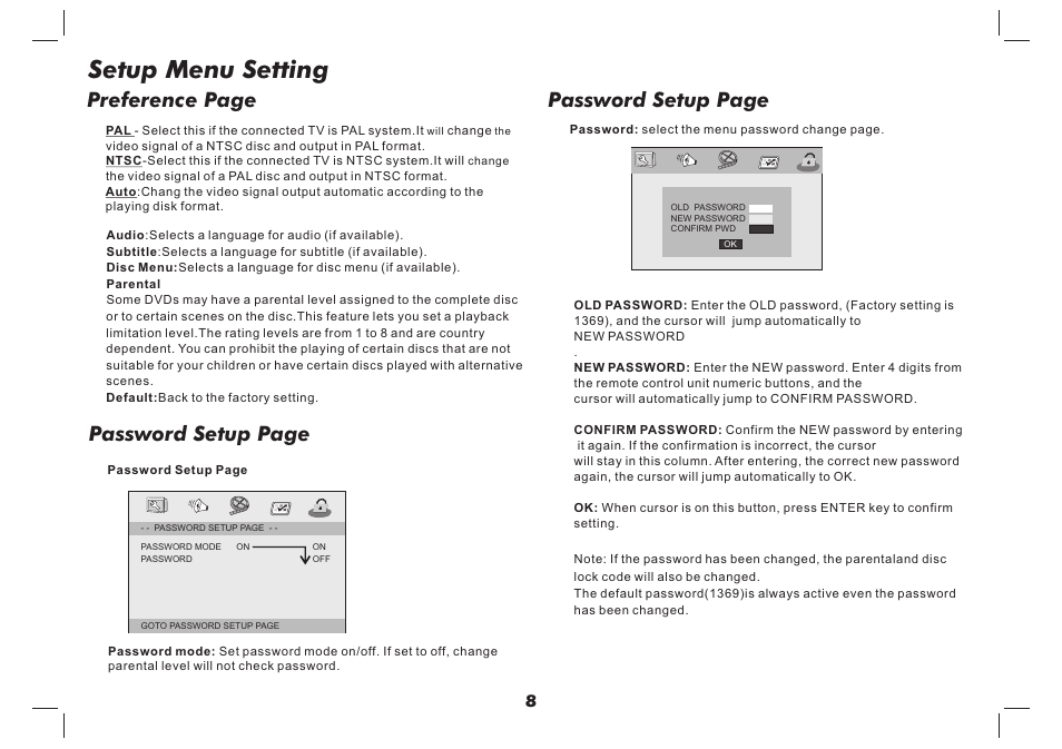 Setup menu setting, Password setup page, Preference page | Curtis SDVD9957-B User Manual | Page 9 / 20