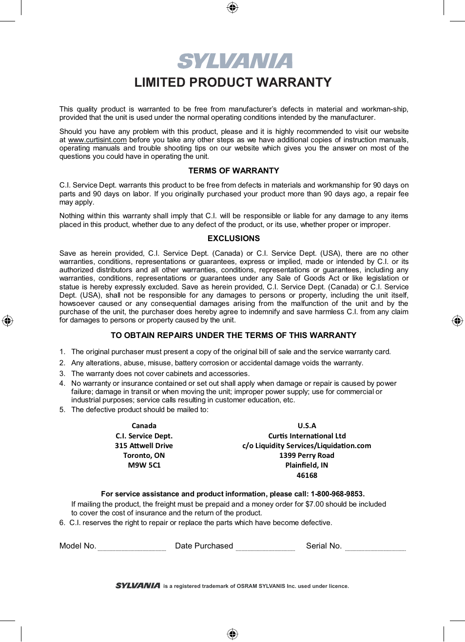 Limited product warranty | Curtis SKCR2713 User Manual | Page 9 / 9
