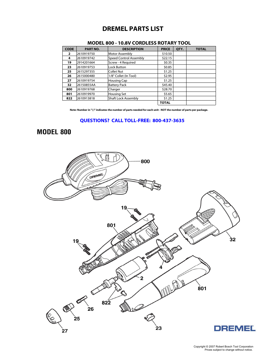 Dremel 10.8V Cordless Rotary Tool 800 User Manual | 2 pages