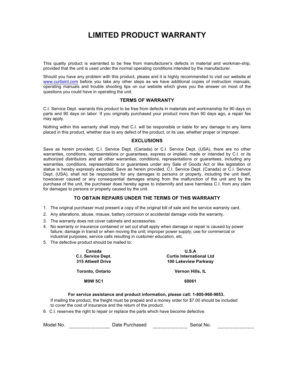 Limited product warranty | Curtis SCR1388B User Manual | Page 7 / 7