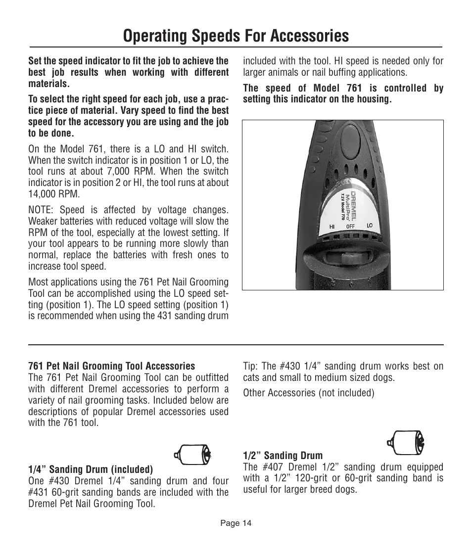 Operating speeds for accessories | Dremel 761 User Manual | Page 14 / 52