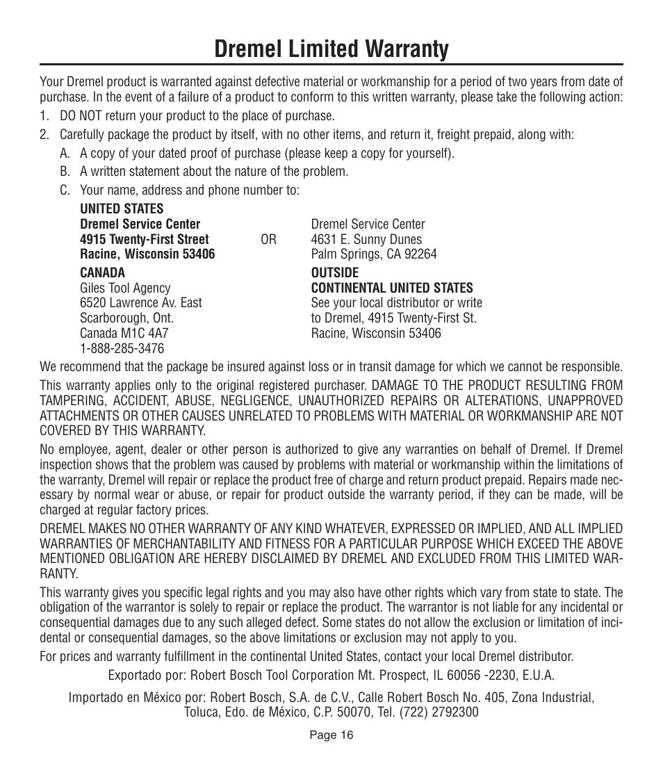 Dremel limited warranty | Dremel 761 User Manual | Page 16 / 52