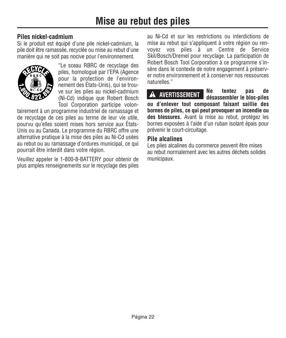Mise au rebut des piles | Dremel 761 User Manual | Page 22 / 52