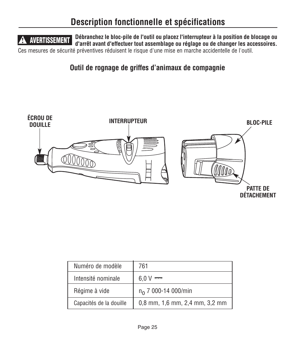Description fonctionnelle et spécifications, Avertissement, Outil de rognage de griffes d’animaux de compagnie | Dremel 761 User Manual | Page 25 / 52