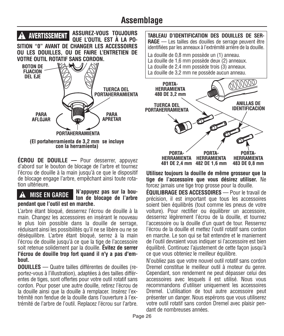 Assemblage, Avertissement | Dremel 761 User Manual | Page 26 / 52