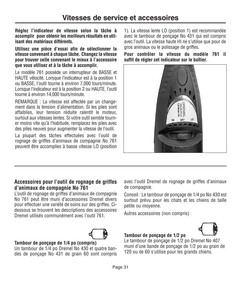Vitesses de service et accessoires | Dremel 761 User Manual | Page 31 / 52