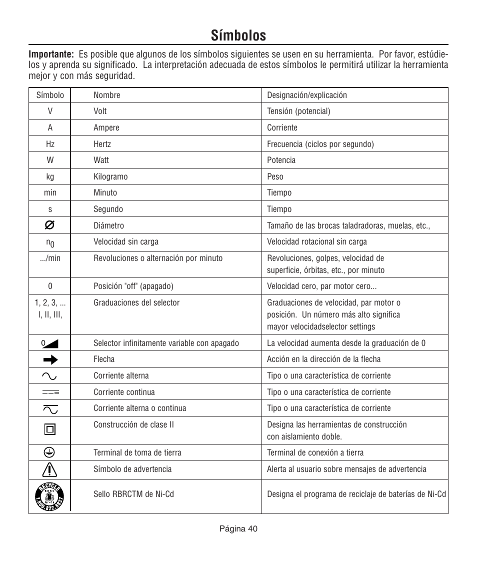 Símbolos | Dremel 761 User Manual | Page 40 / 52