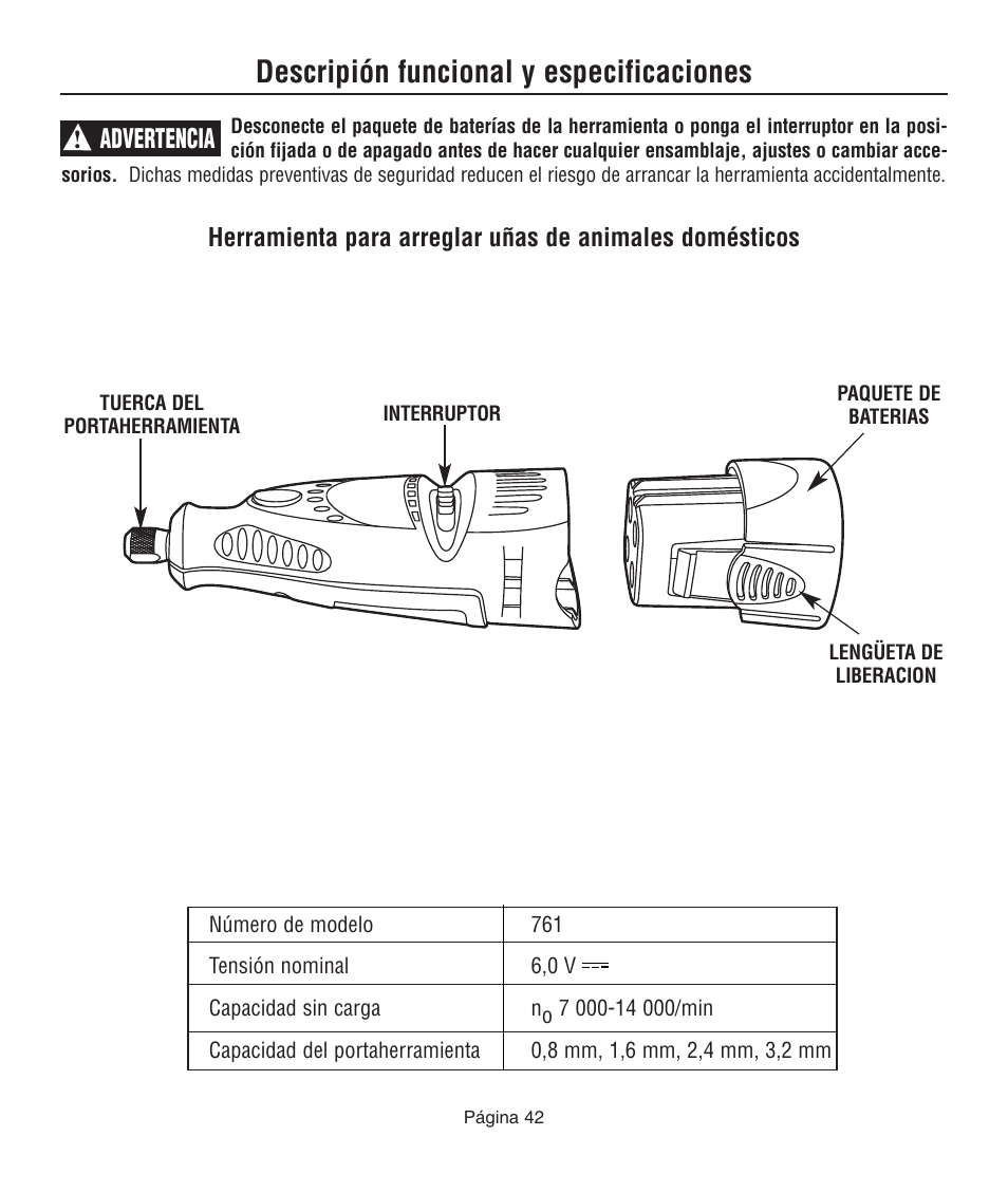 Descripión funcional y especificaciones, Advertencia | Dremel 761 User Manual | Page 42 / 52