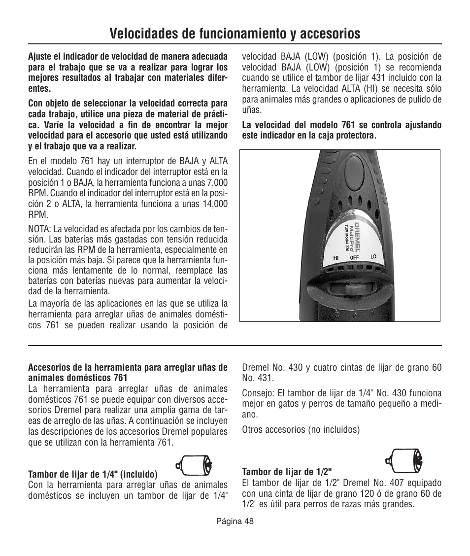 Velocidades de funcionamiento y accesorios | Dremel 761 User Manual | Page 48 / 52