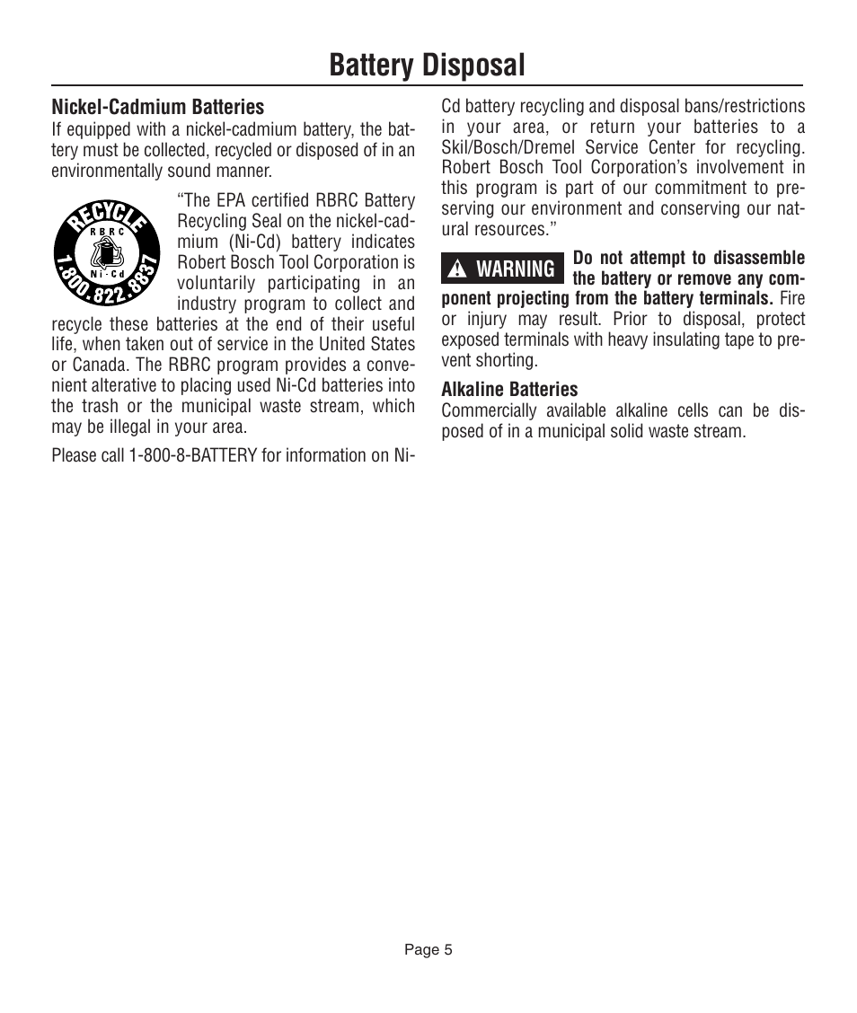 Battery disposal, Warning | Dremel 761 User Manual | Page 5 / 52