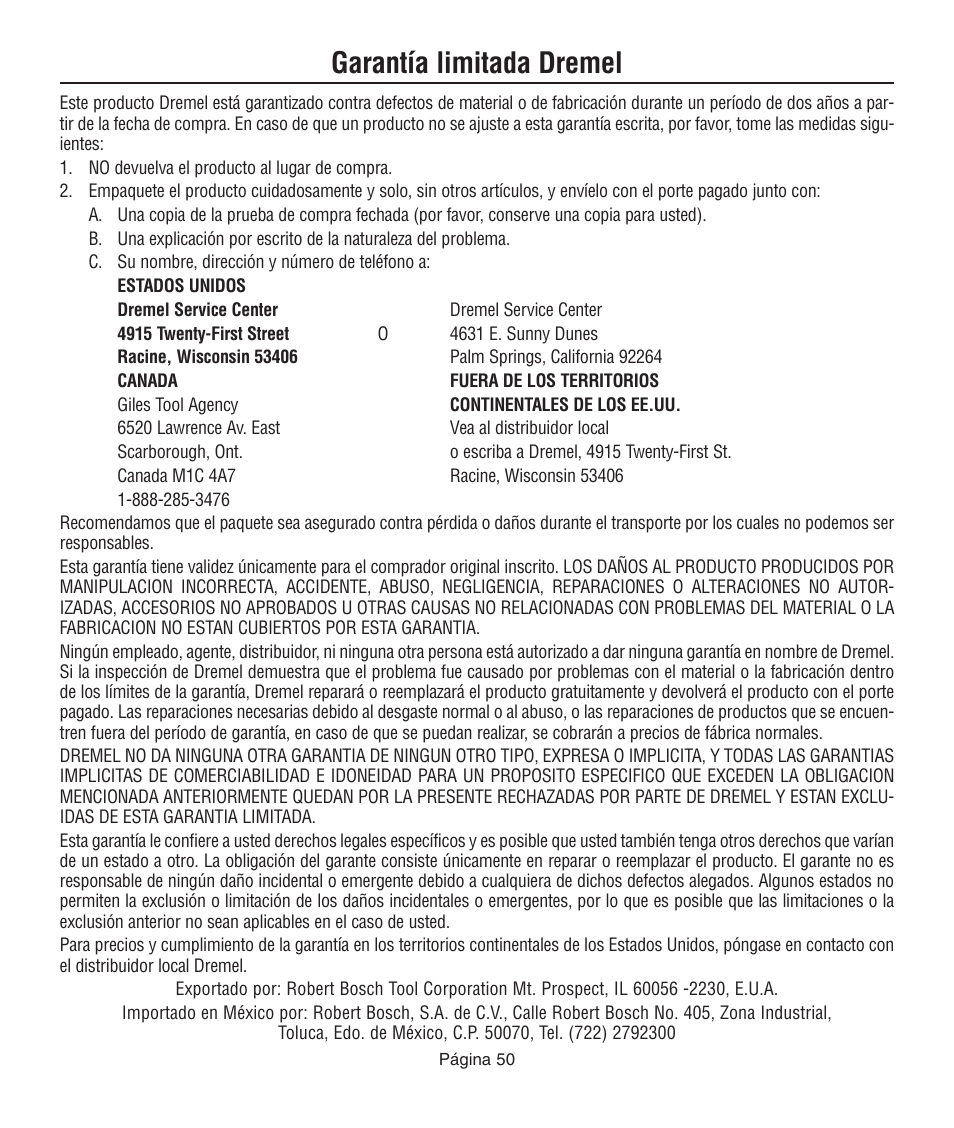 Garantía limitada dremel | Dremel 761 User Manual | Page 50 / 52