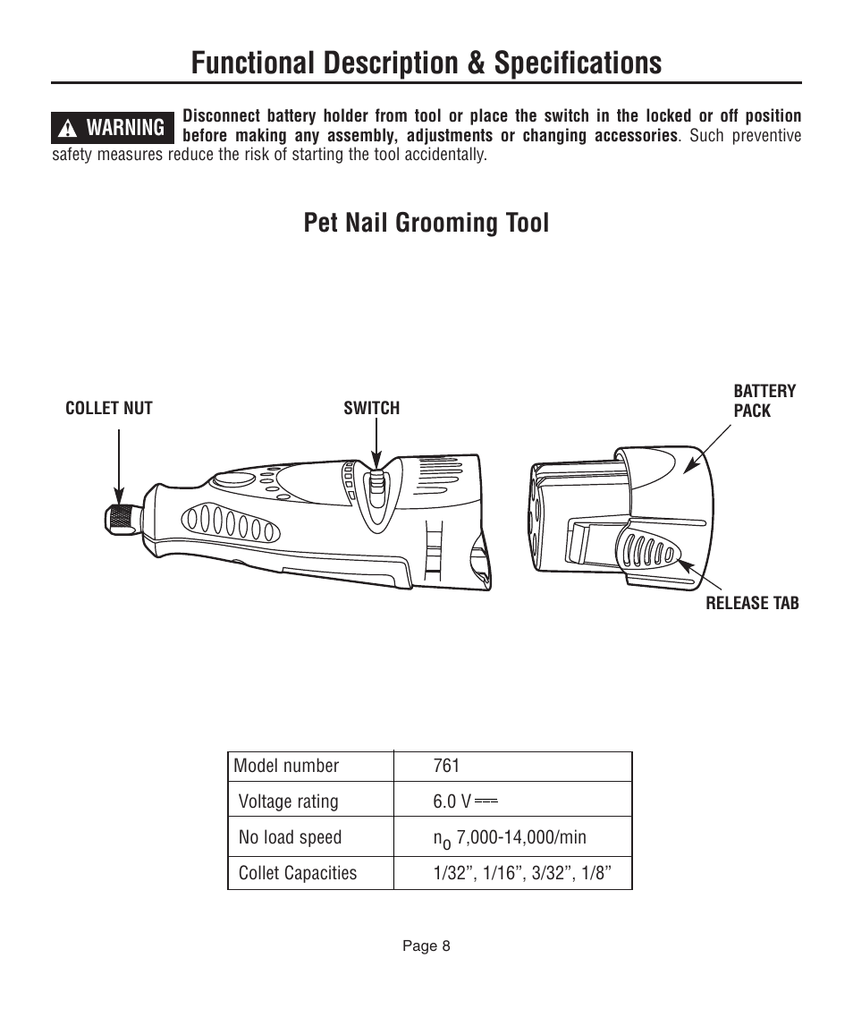 Functional description & specifications, Pet nail grooming tool | Dremel 761 User Manual | Page 8 / 52
