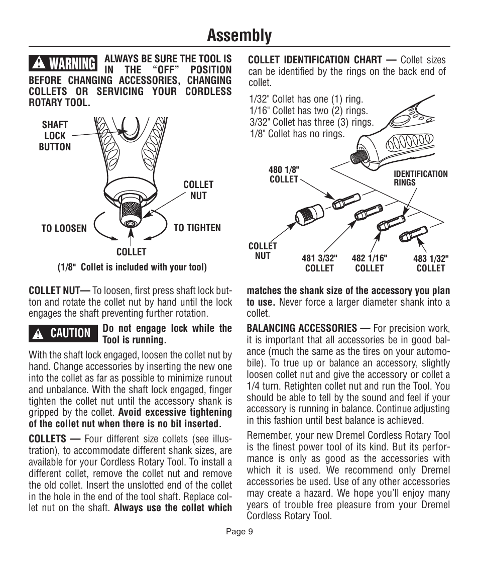 Assembly, Warning, Caution | Dremel 761 User Manual | Page 9 / 52