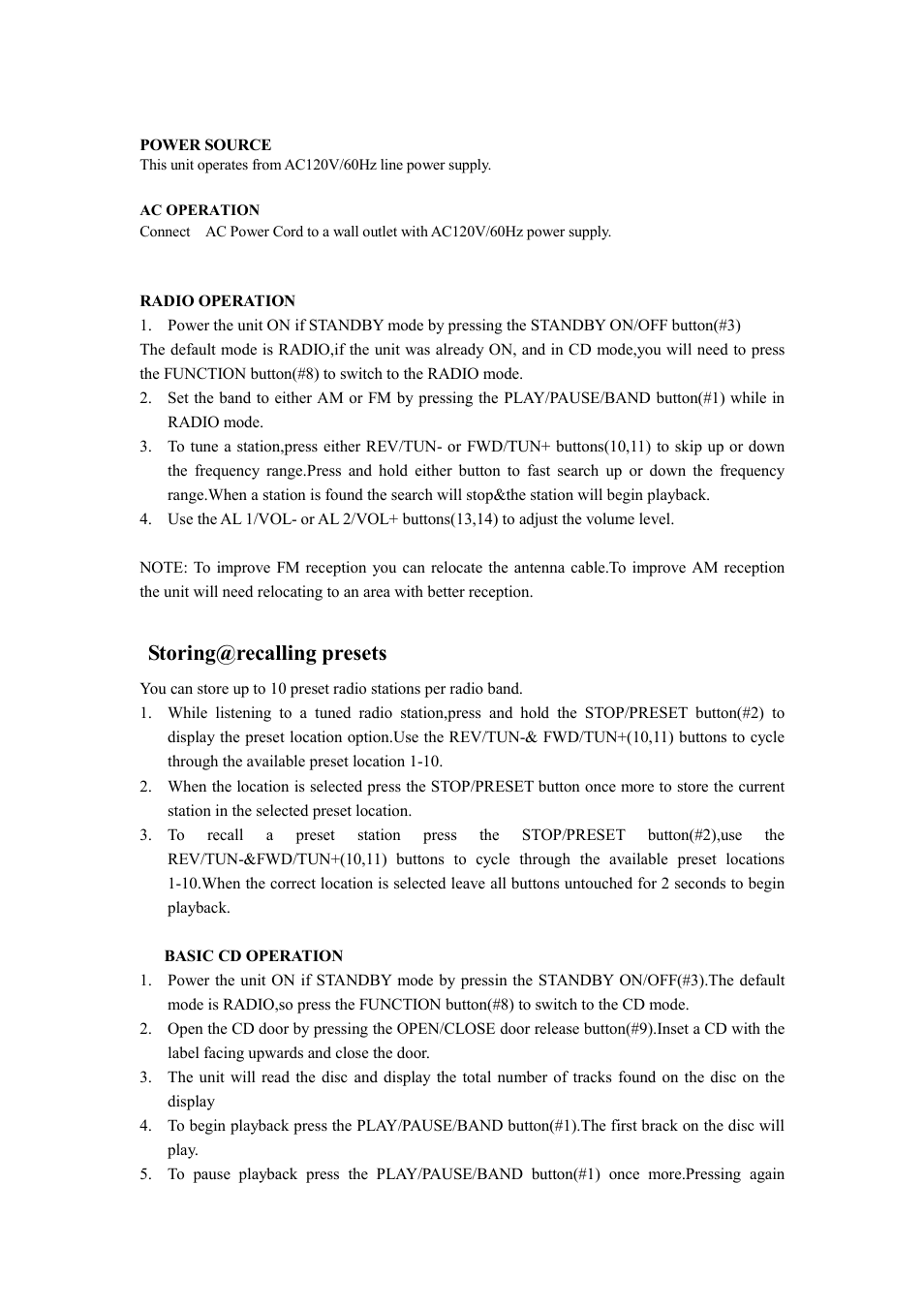 Storing@recalling presets | Curtis SCR4986 User Manual | Page 8 / 13