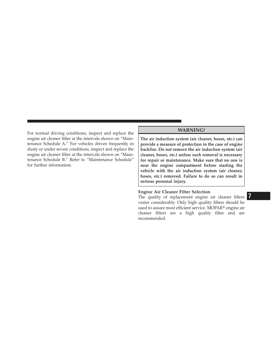 Engine air cleaner filter | Dodge 2010 Viper SRT10 Coupe User Manual | Page 219 / 316