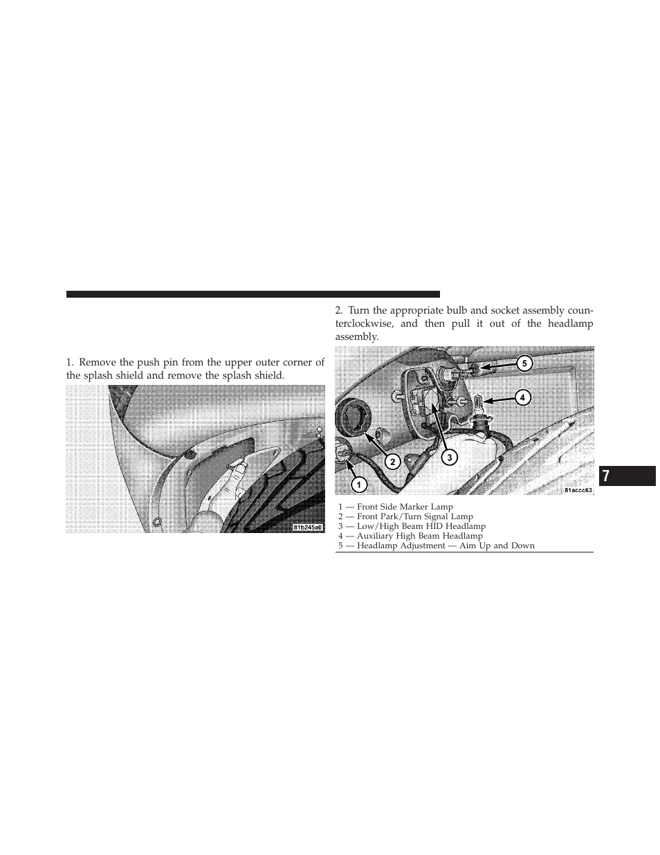 Bulb replacement, Auxiliary high beam headlamp, front, Park/turn signal lamp, front side marker lamp | Dodge 2010 Viper SRT10 Coupe User Manual | Page 255 / 316