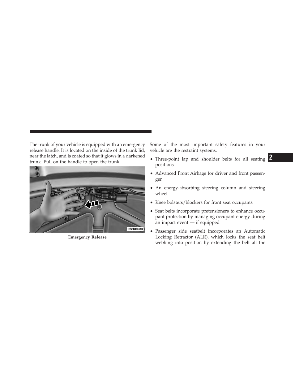 Trunk emergency release, Occupant restraints | Dodge 2010 Viper SRT10 Coupe User Manual | Page 35 / 316