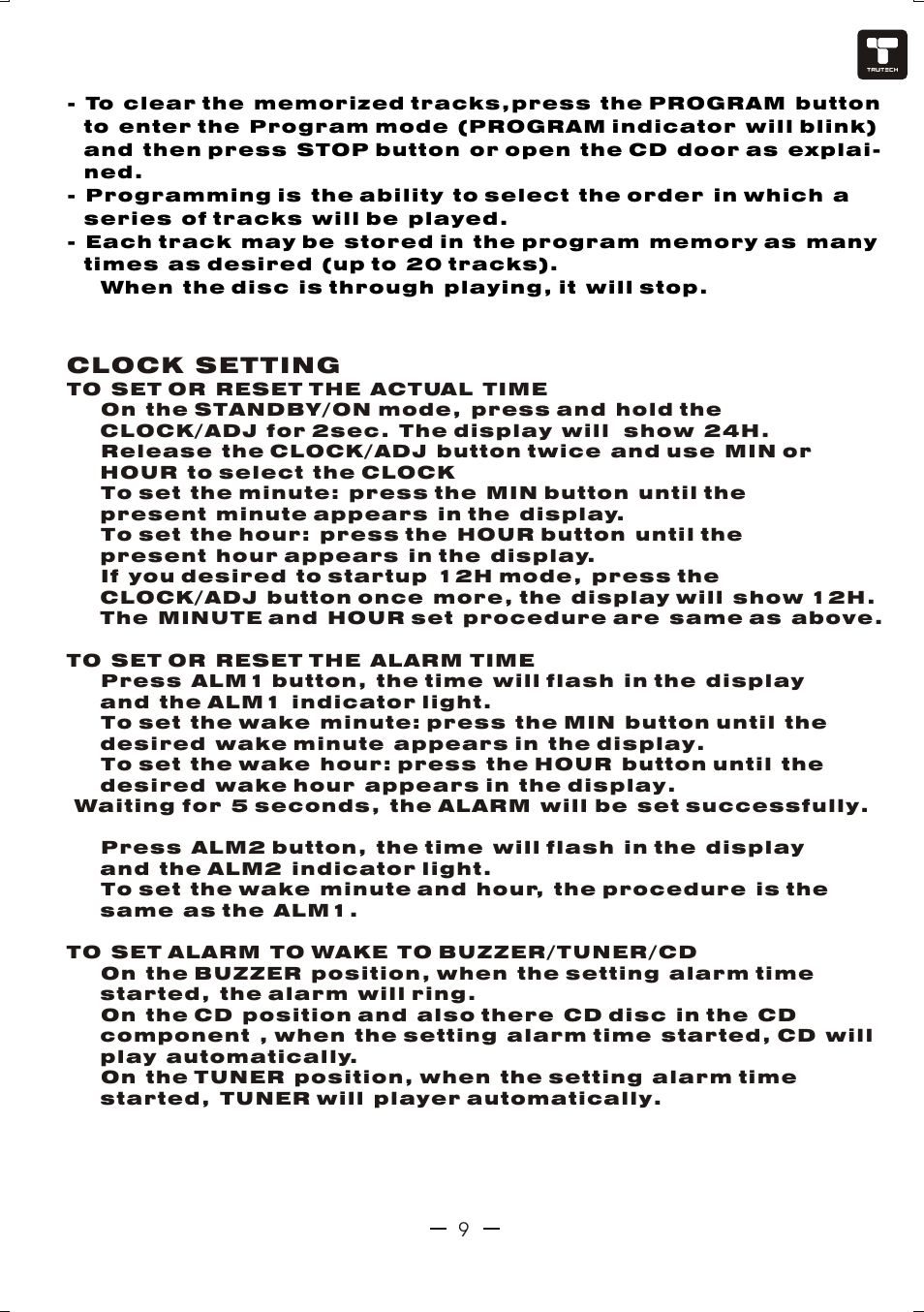 Ò³ãæ 10, Clock setting | Curtis TCR4964 User Manual | Page 10 / 13