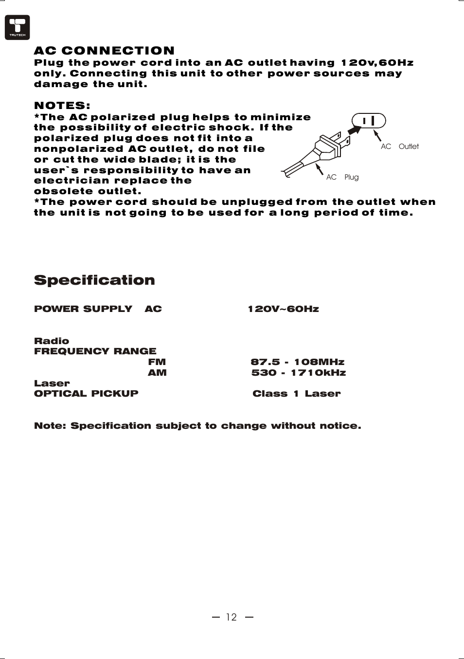 Ò³ãæ 13, Specification | Curtis TCR4964 User Manual | Page 13 / 13