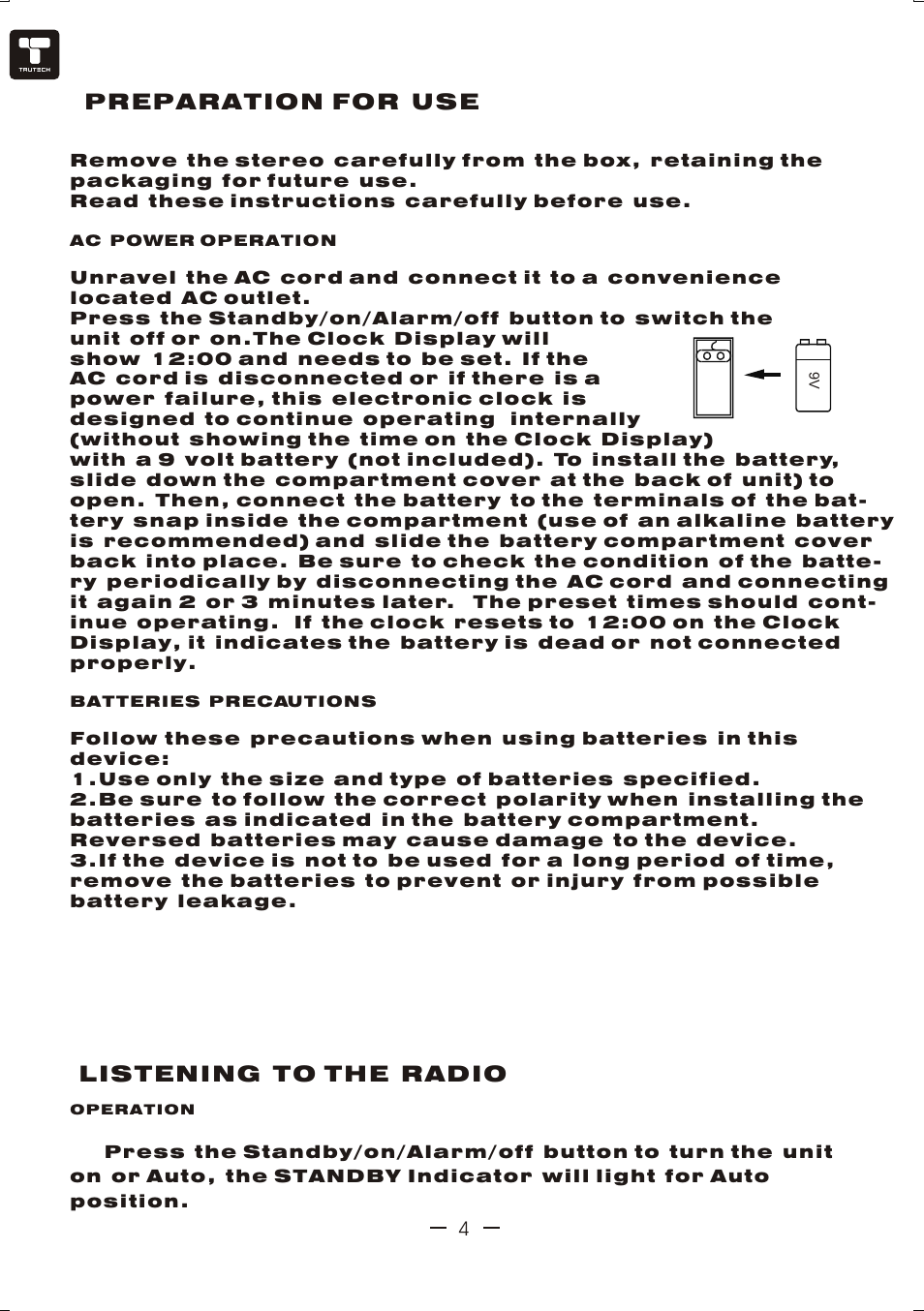 Ò³ãæ 5, Preparation for use, Listening to the radio | Curtis TCR4964 User Manual | Page 5 / 13