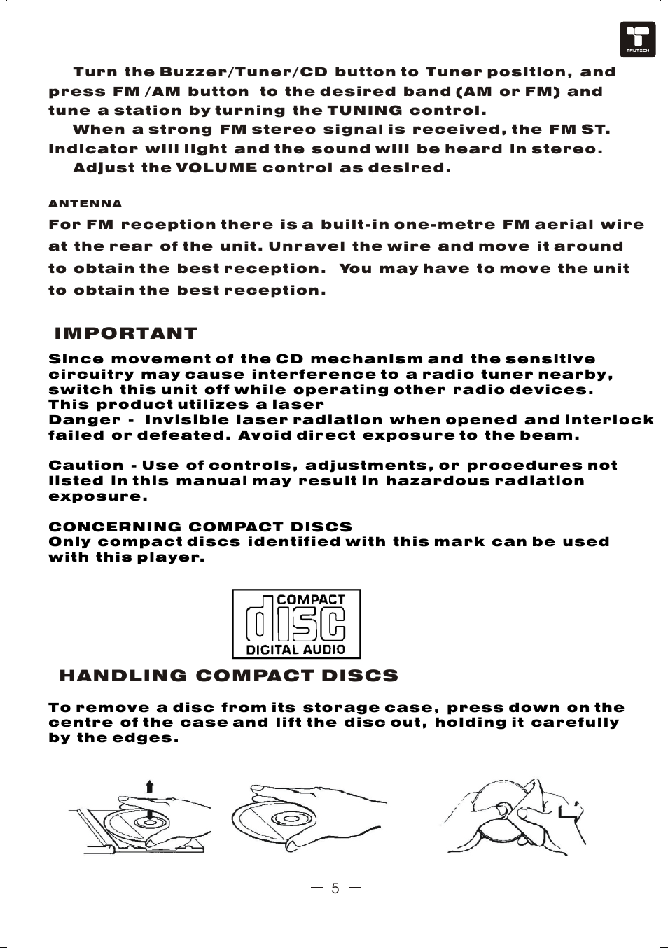 Ò³ãæ 6, Important, Handling compact discs | Curtis TCR4964 User Manual | Page 6 / 13