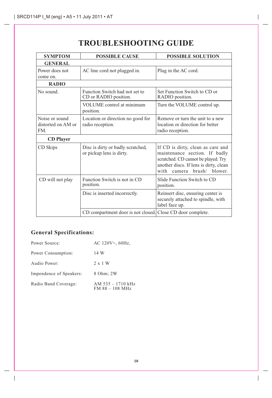 Troubleshooting guide | Curtis SRCD114P User Manual | Page 10 / 10