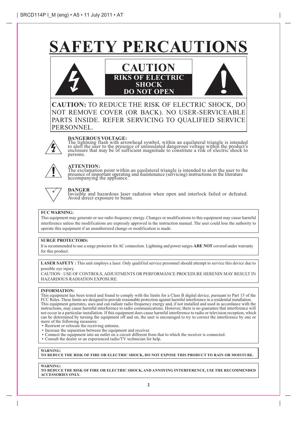 Safety percautions, Caution, Riks of electric shock do not open | Curtis SRCD114P User Manual | Page 2 / 10