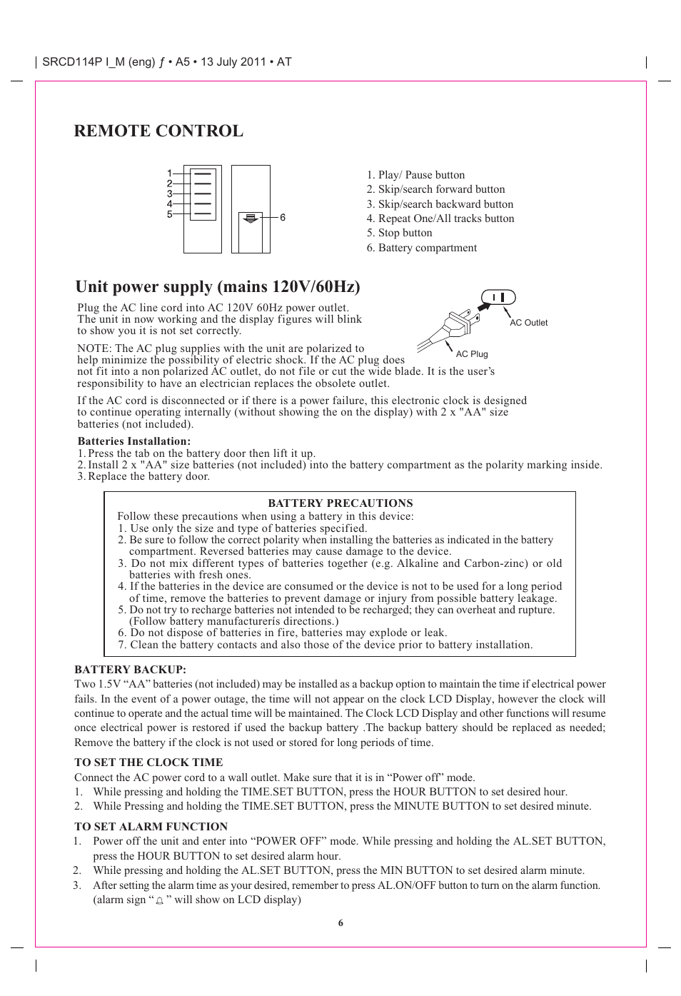 Remote control | Curtis SRCD114P User Manual | Page 6 / 10