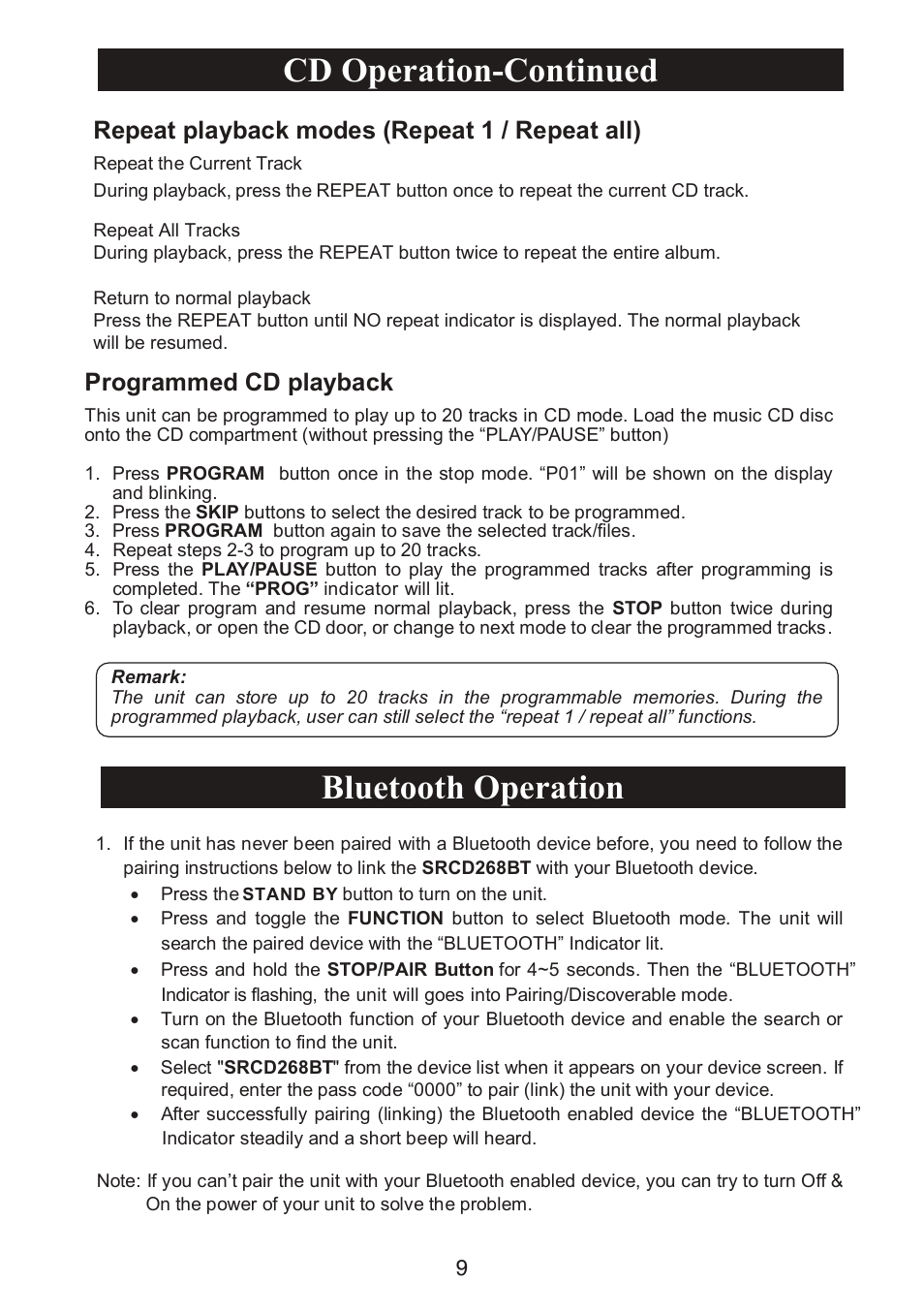 Bluetooth operation, Cd operation-continued, Repeat playback modes (repeat 1 / repeat all) | Programmed cd playback | Curtis SRCD268BT-PL User Manual | Page 10 / 12