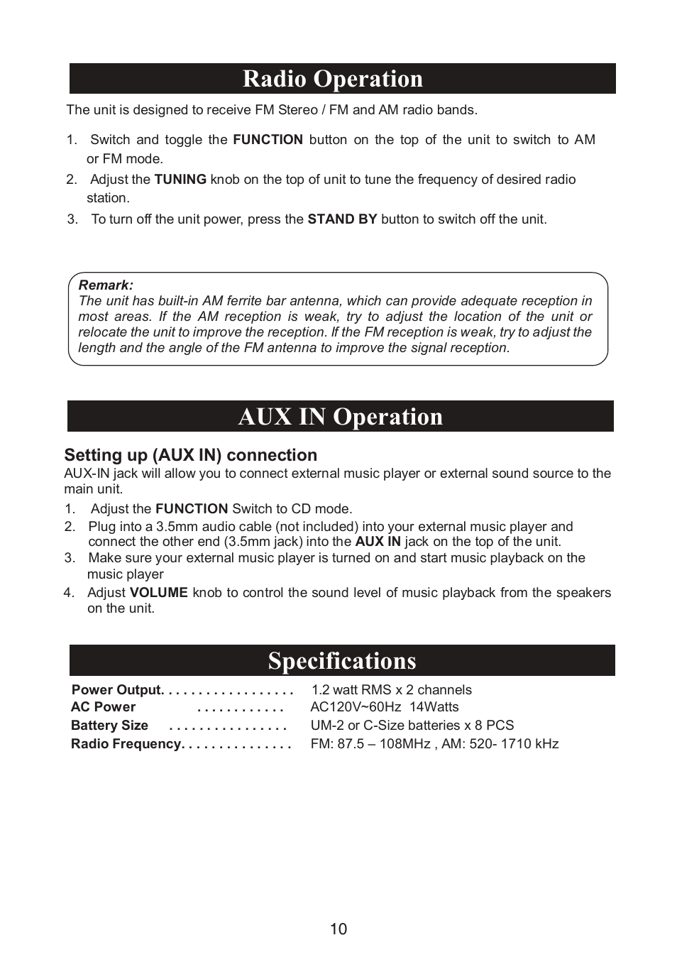 Aux in operation specifications, Radio operation | Curtis SRCD268BT-PL User Manual | Page 11 / 12