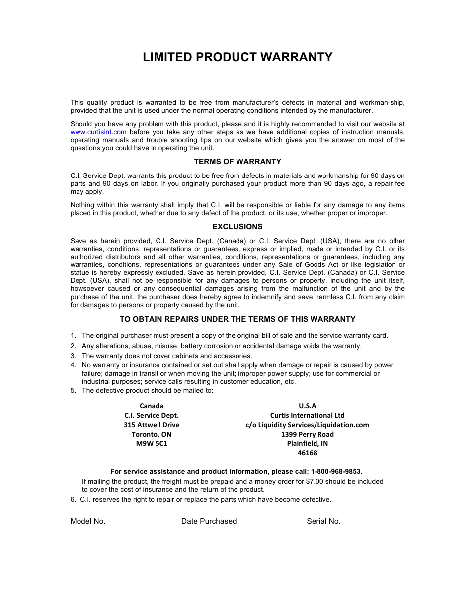 Limited product warranty | Curtis SRCD268BT-PL User Manual | Page 12 / 12