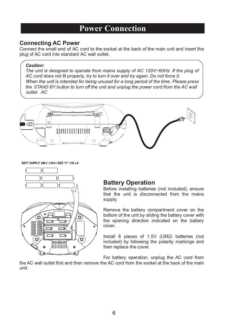 Power connection, Battery operation | Curtis SRCD268BT-PL User Manual | Page 7 / 12