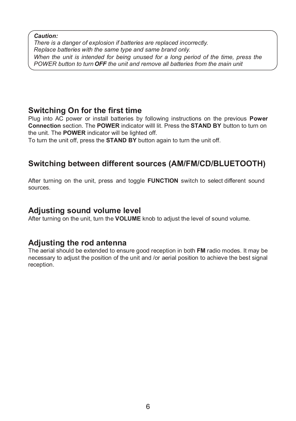 Main operation, Switching on for the first time, Adjusting sound volume level | Adjusting the rod antenna | Curtis SRCD268BT-PL User Manual | Page 8 / 12