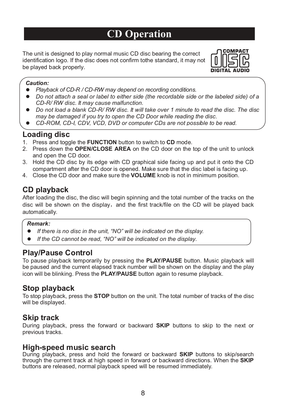 Cd operation, Loading disc, Cd playback | Play/pause control, Stop playback, Skip track, High-speed music search | Curtis SRCD268BT-PL User Manual | Page 9 / 12