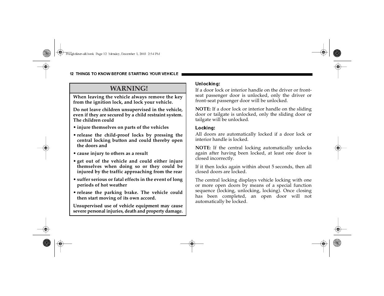 Unlocking, Locking, Warning | Dodge 2004 Sprinter Carb & Chassis User Manual | Page 12 / 272
