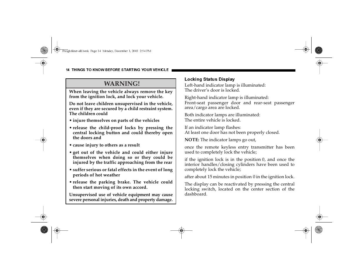 Locking status display, Warning | Dodge 2004 Sprinter Carb & Chassis User Manual | Page 14 / 272